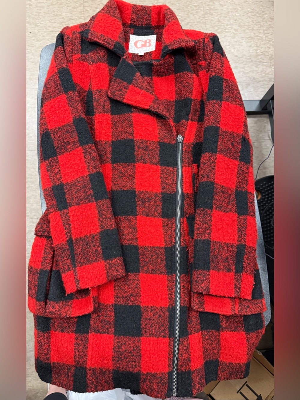 Gianni Bini Red and Black Buffalo Plaid Asymmetrical Zip Pea Coat (no belt)